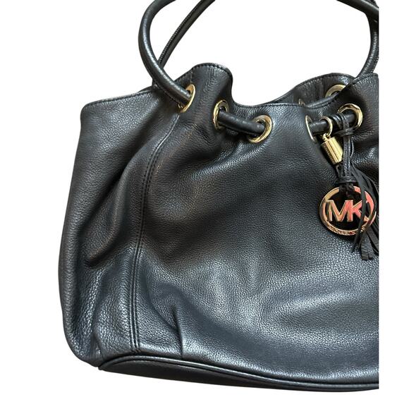 Michael Kors Black Gold-Tone Hardware Tasseled Leather Top Handle Bucket Bag - Picture 8 of 15